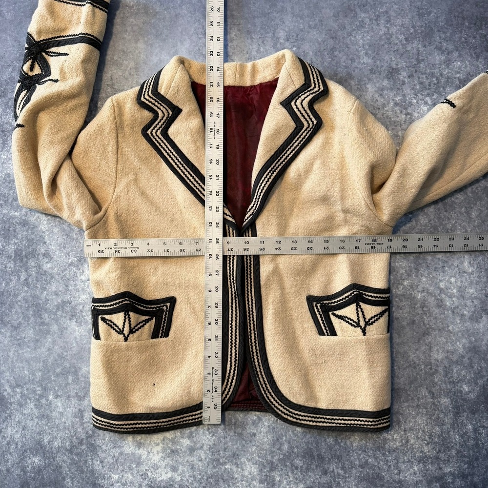 Vintage Soutache Embroidered Wool Jacket Beige Black Western Boho Cropped Blazer - Picture 4 of 9